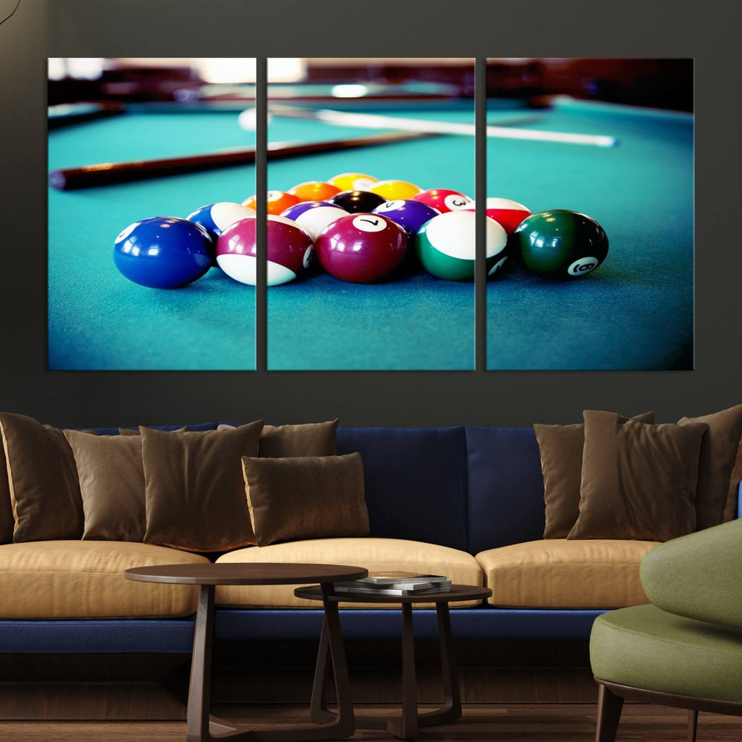 The Billiard Balls Pool Table Wall Art, a handmade piece, features cues on a blue table.