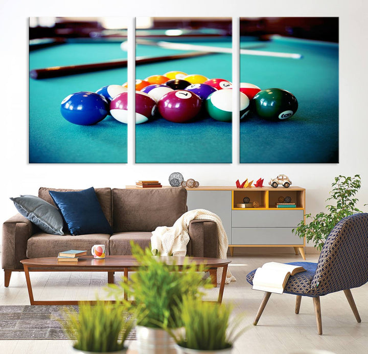 The Billiard Balls Pool Table Wall Art, a handmade piece, features cues on a blue table.