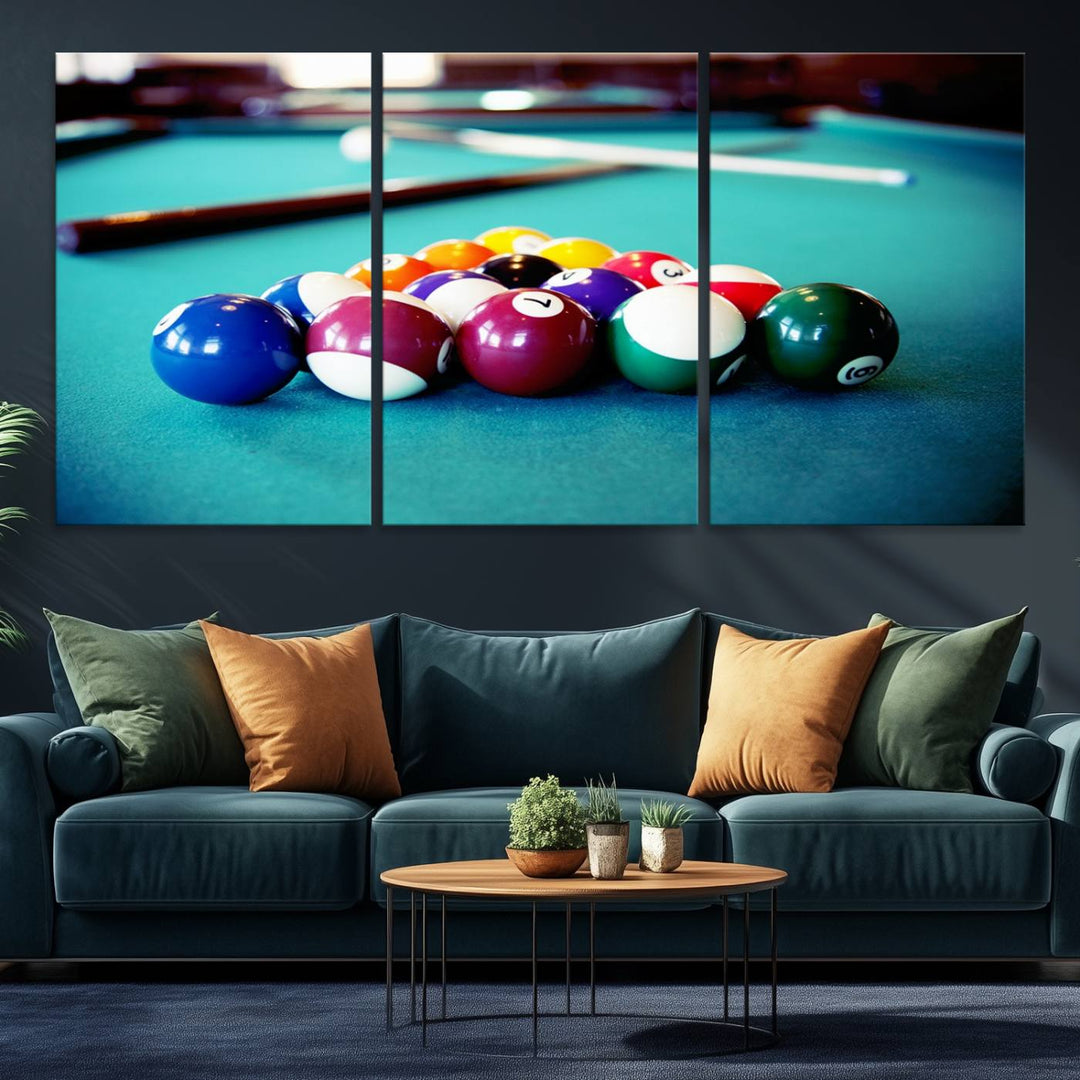 The Billiard Balls Pool Table Wall Art, a handmade piece, features cues on a blue table.