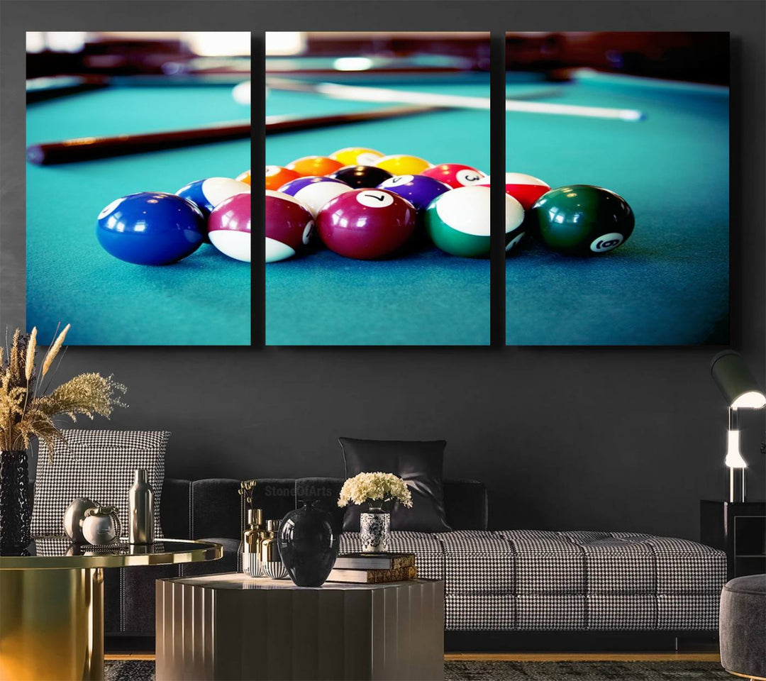 The Billiard Balls Pool Table Wall Art, a handmade piece, features cues on a blue table.