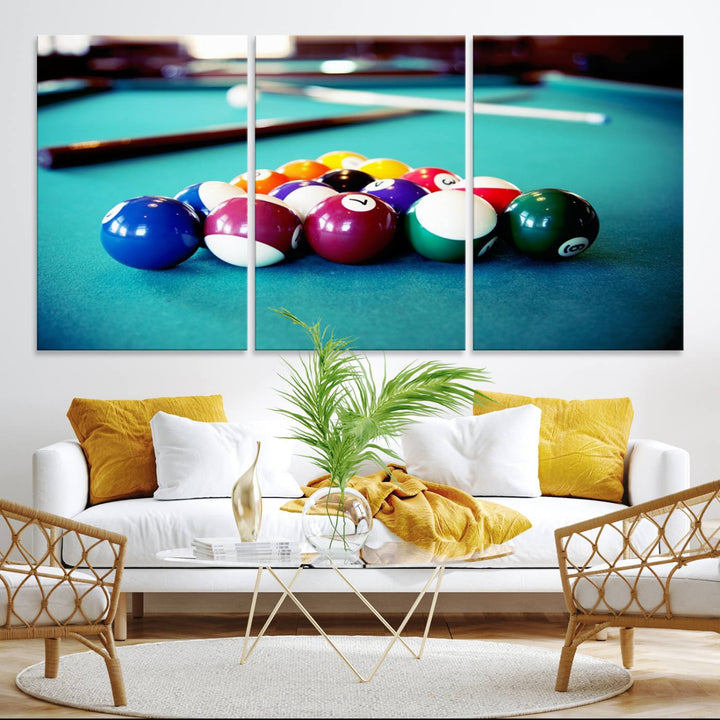 The Billiard Balls Pool Table Wall Art, a handmade piece, features cues on a blue table.