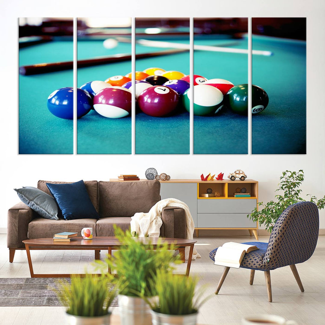 The Billiard Balls Pool Table Wall Art, a handmade piece, features cues on a blue table.