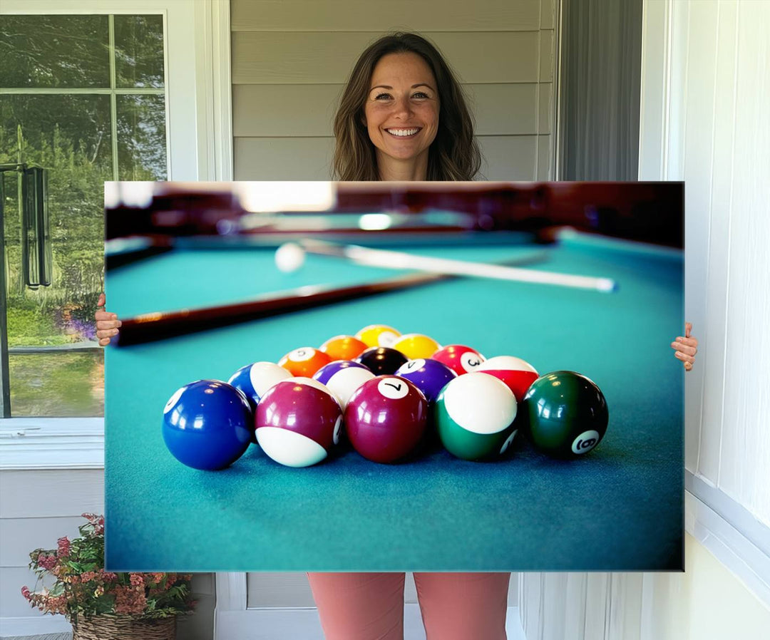 The Billiard Balls Pool Table Wall Art, a handmade piece, features cues on a blue table.