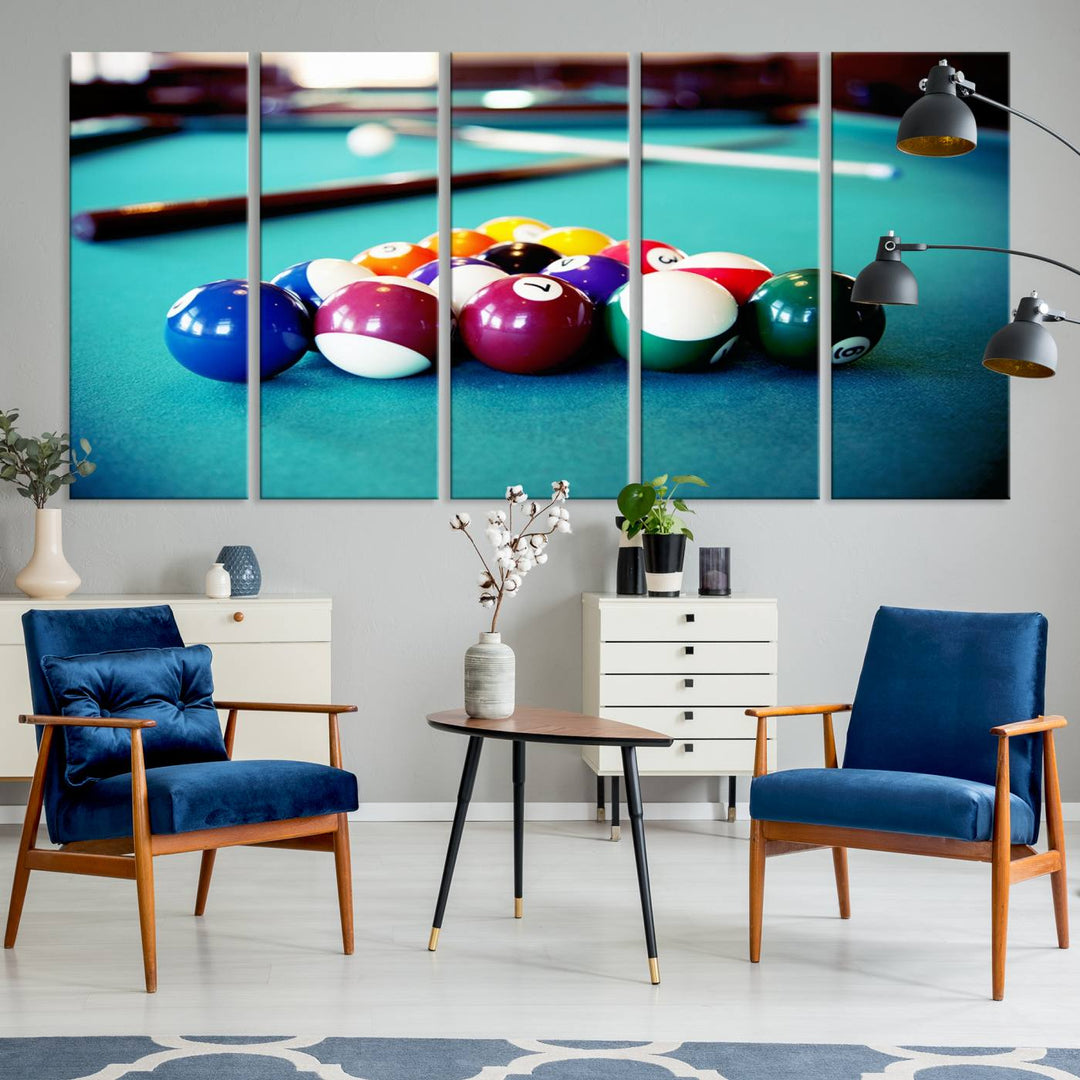 The Billiard Balls Pool Table Wall Art, a handmade piece, features cues on a blue table.