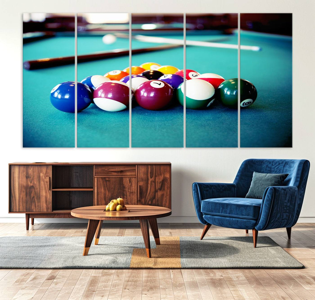 The Billiard Balls Pool Table Wall Art, a handmade piece, features cues on a blue table.