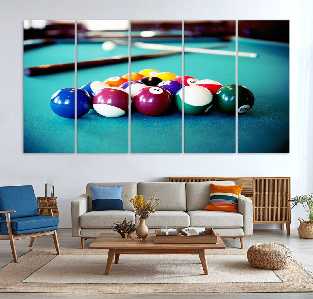 The Billiard Balls Pool Table Wall Art, a handmade piece, features cues on a blue table.