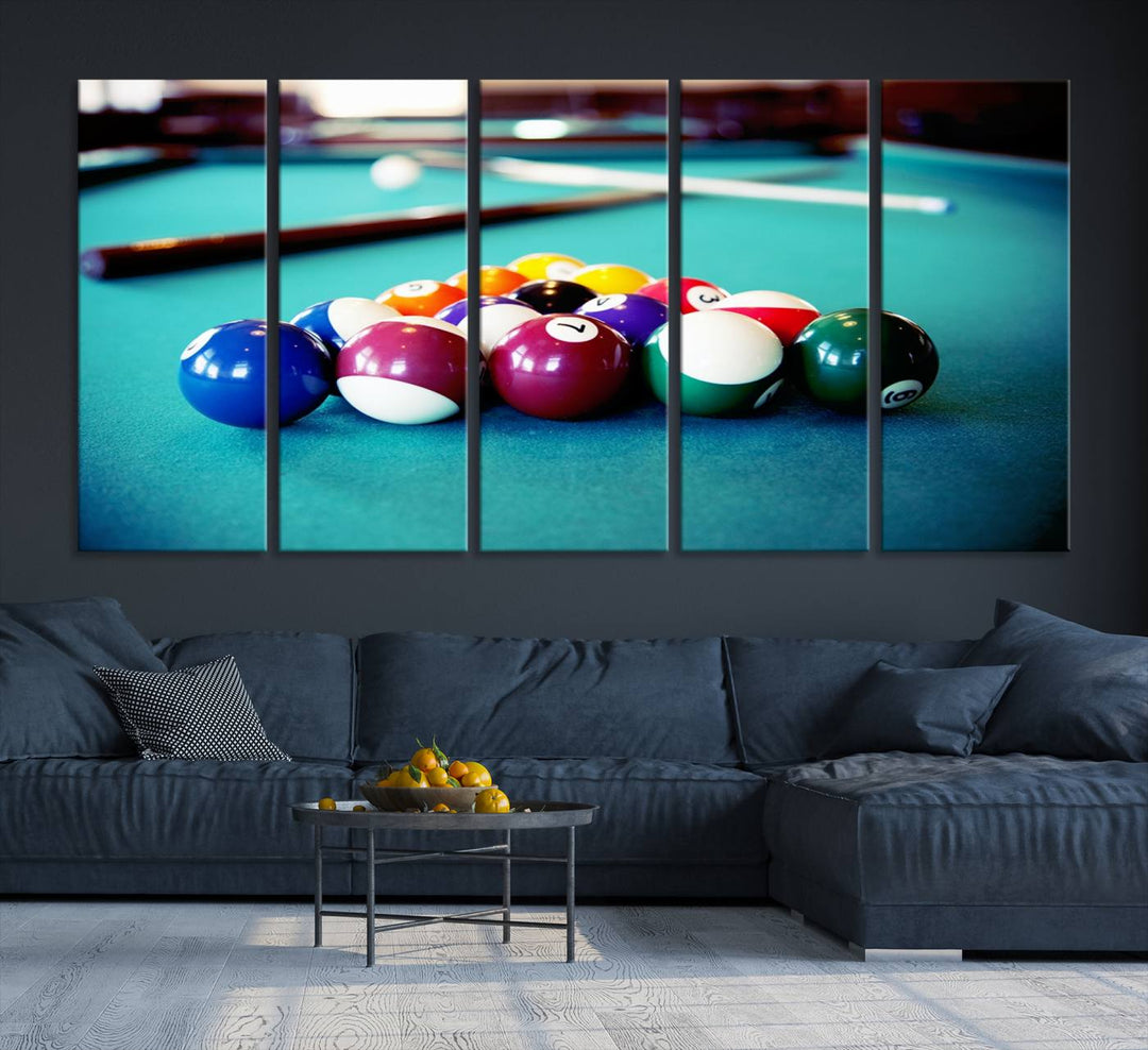 The Billiard Balls Pool Table Wall Art, a handmade piece, features cues on a blue table.