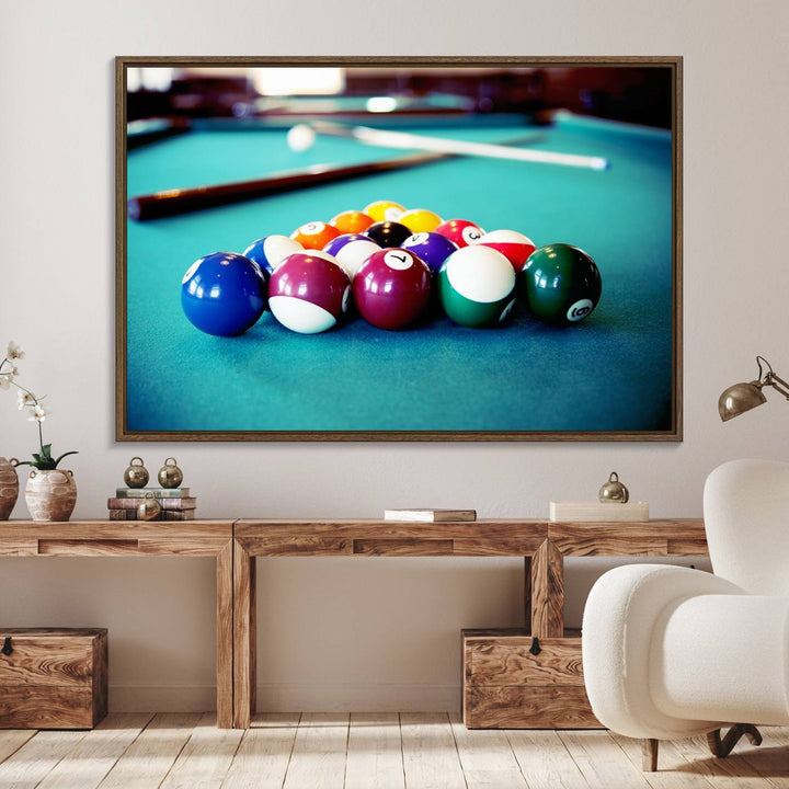 The Billiard Balls Pool Table Wall Art, a handmade piece, features cues on a blue table.