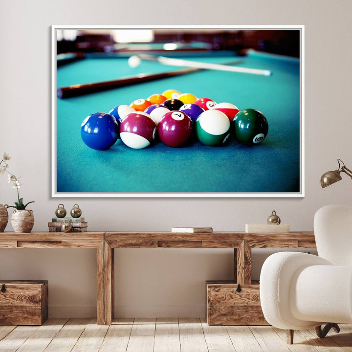 The Billiard Balls Pool Table Wall Art, a handmade piece, features cues on a blue table.