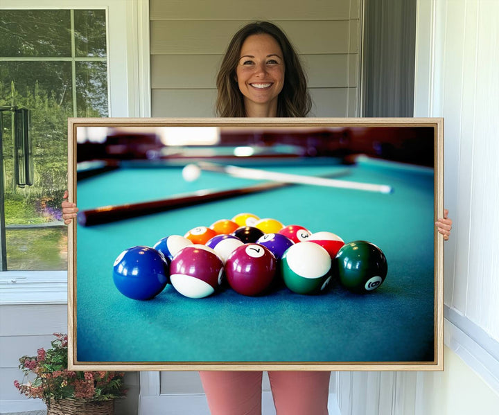 The Billiard Balls Pool Table Wall Art, a handmade piece, features cues on a blue table.