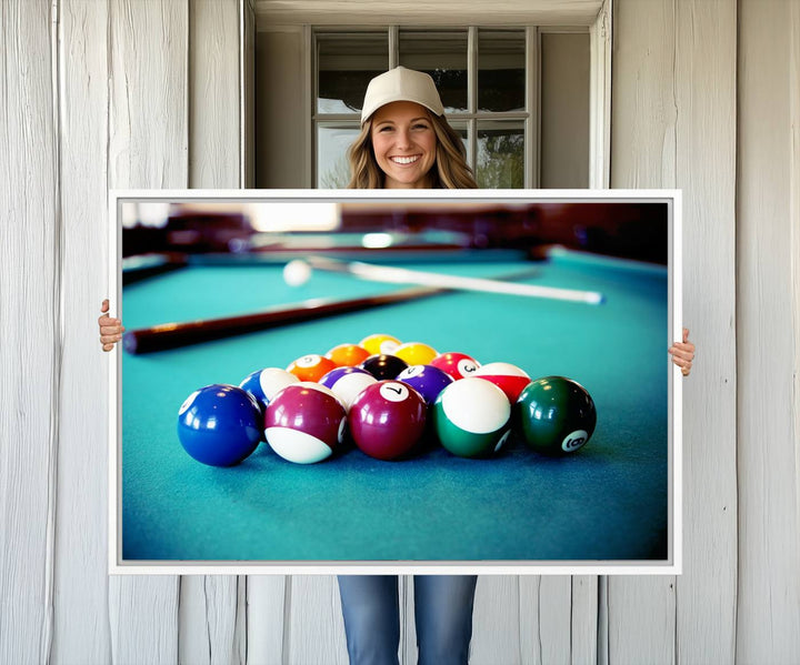 The Billiard Balls Pool Table Wall Art, a handmade piece, features cues on a blue table.