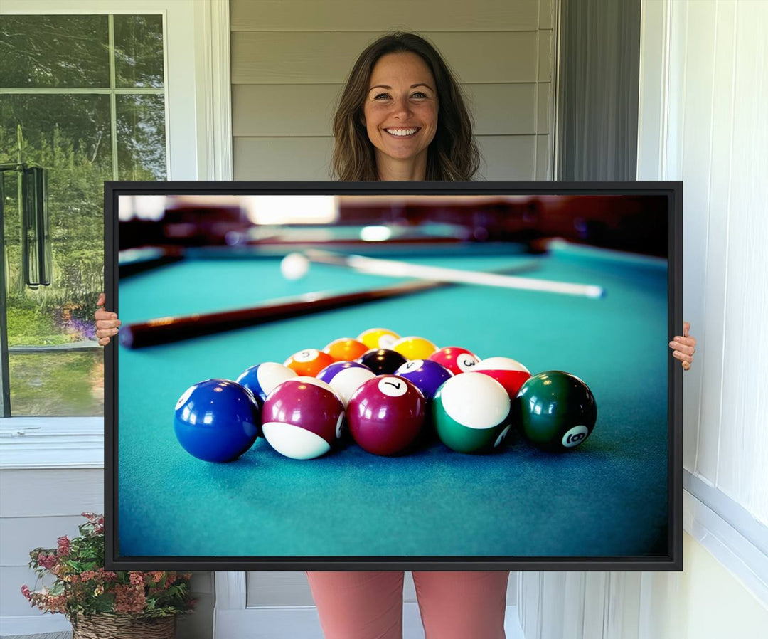 The Billiard Balls Pool Table Wall Art, a handmade piece, features cues on a blue table.