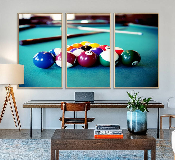 The Billiard Balls Pool Table Wall Art, a handmade piece, features cues on a blue table.