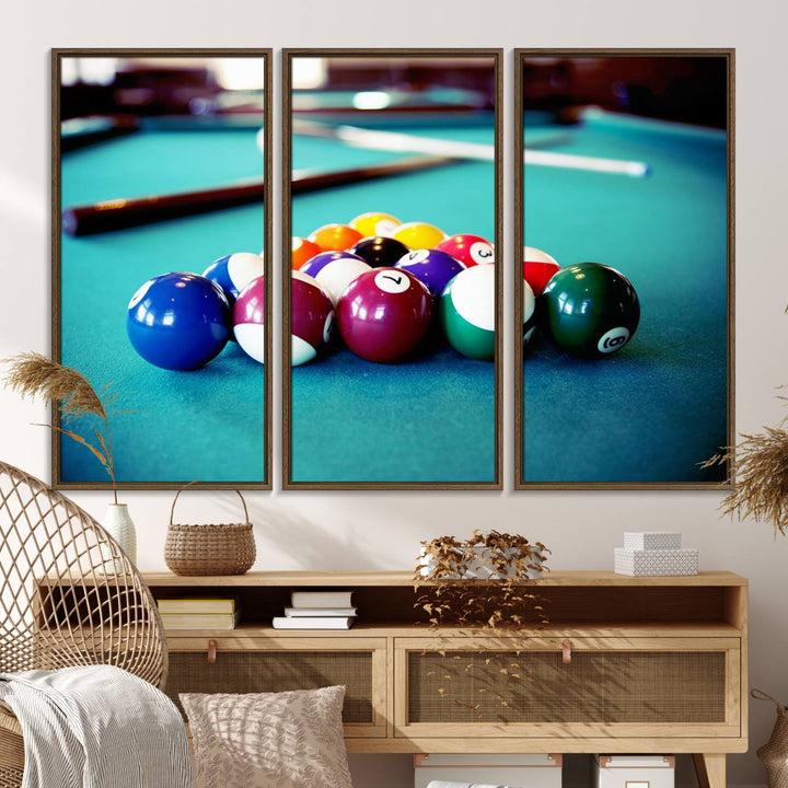 The Billiard Balls Pool Table Wall Art, a handmade piece, features cues on a blue table.