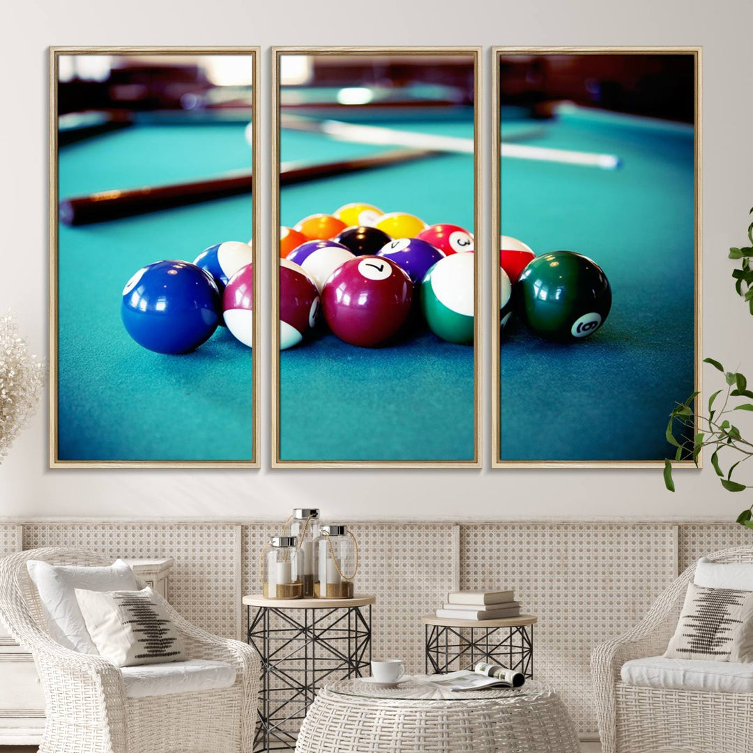 The Billiard Balls Pool Table Wall Art, a handmade piece, features cues on a blue table.