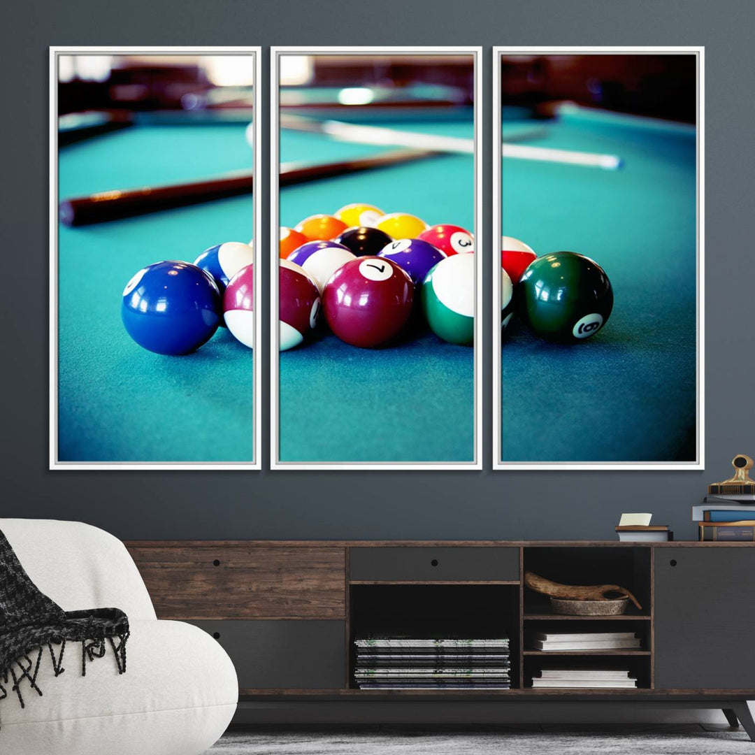 The Billiard Balls Pool Table Wall Art, a handmade piece, features cues on a blue table.