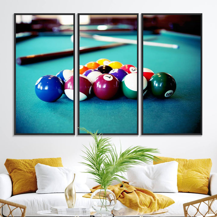 The Billiard Balls Pool Table Wall Art, a handmade piece, features cues on a blue table.