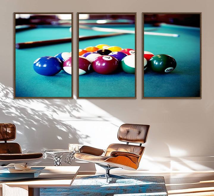 The Billiard Balls Pool Table Wall Art, a handmade piece, features cues on a blue table.