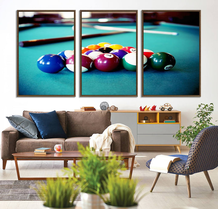 The Billiard Balls Pool Table Wall Art, a handmade piece, features cues on a blue table.