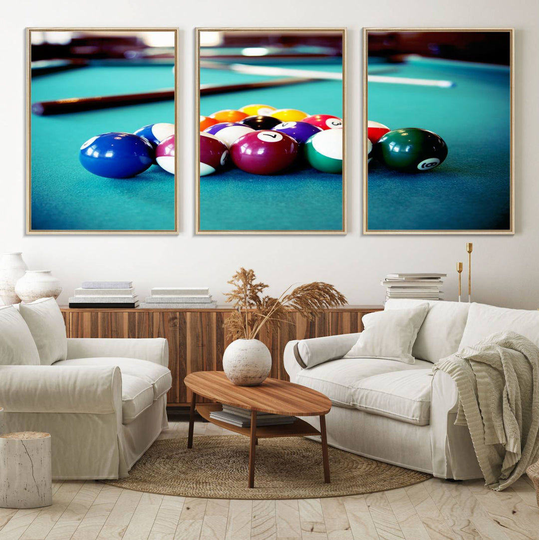 The Billiard Balls Pool Table Wall Art, a handmade piece, features cues on a blue table.