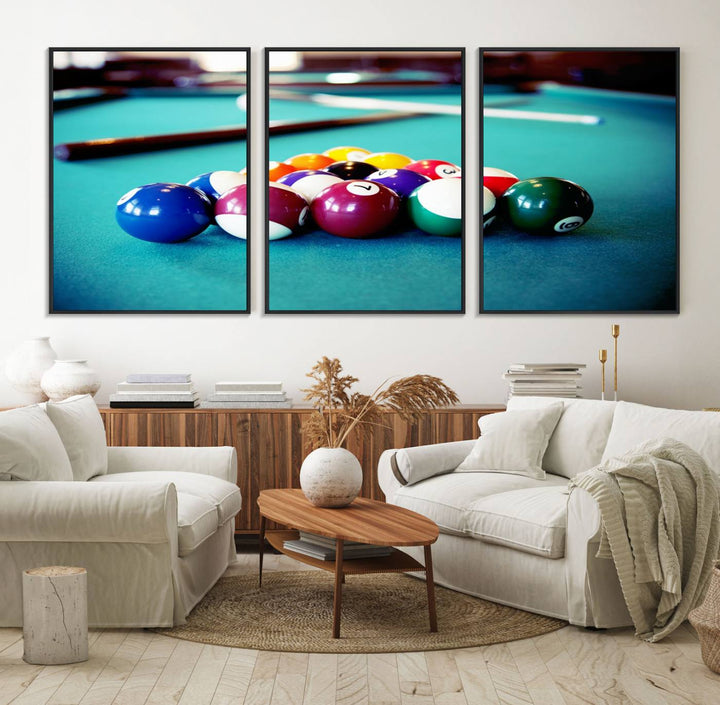 The Billiard Balls Pool Table Wall Art, a handmade piece, features cues on a blue table.