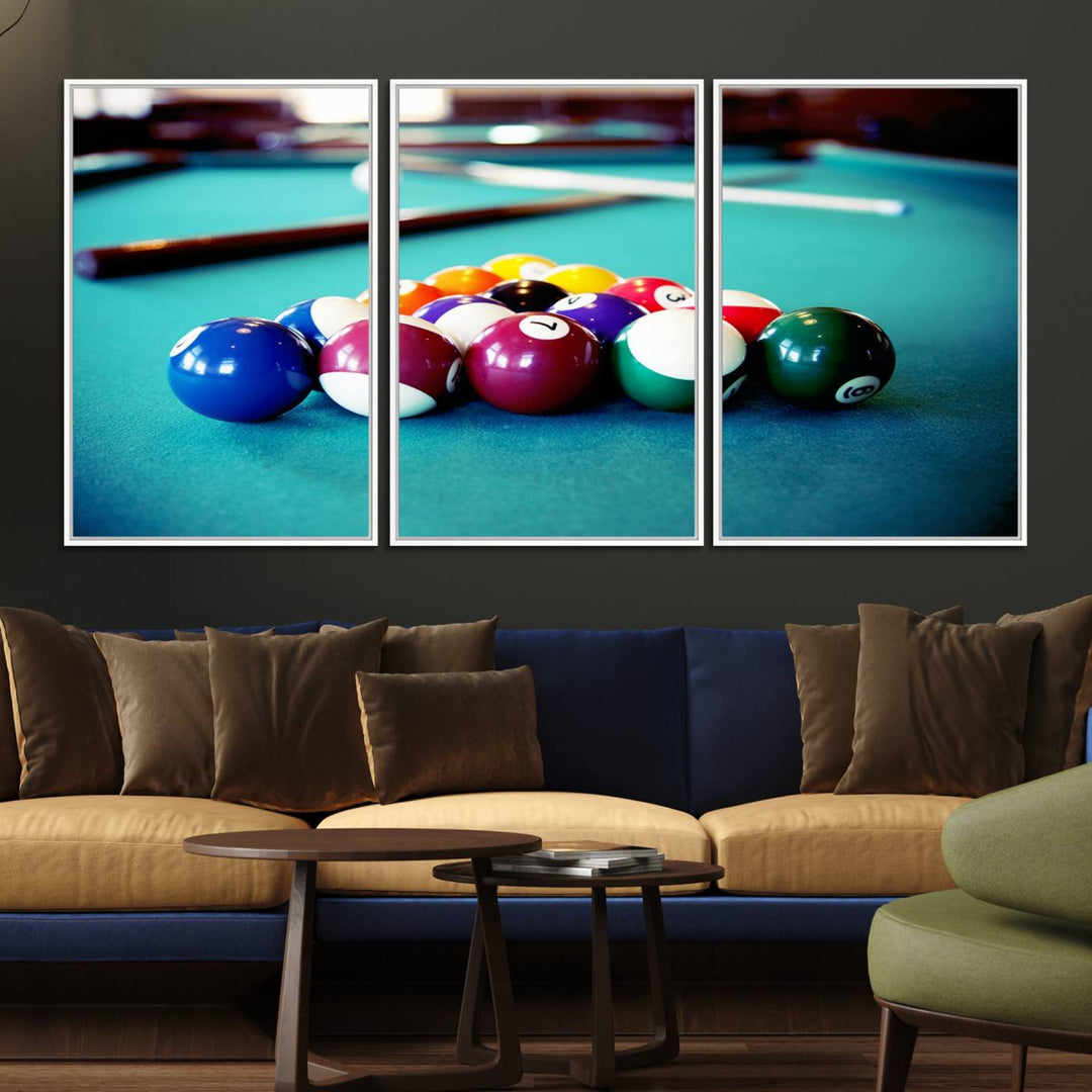 The Billiard Balls Pool Table Wall Art, a handmade piece, features cues on a blue table.