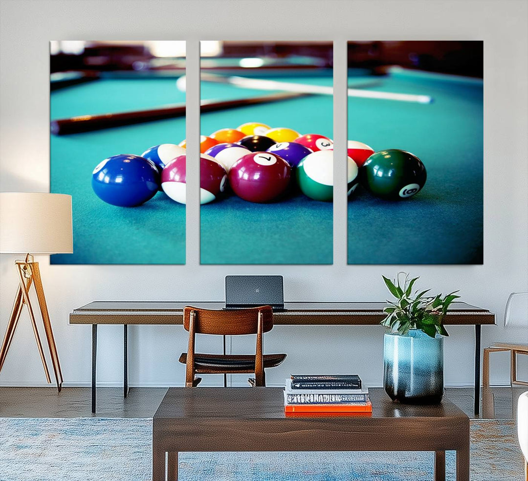 The Billiard Balls Pool Table Wall Art, a handmade piece, features cues on a blue table.