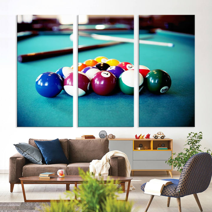 The Billiard Balls Pool Table Wall Art, a handmade piece, features cues on a blue table.