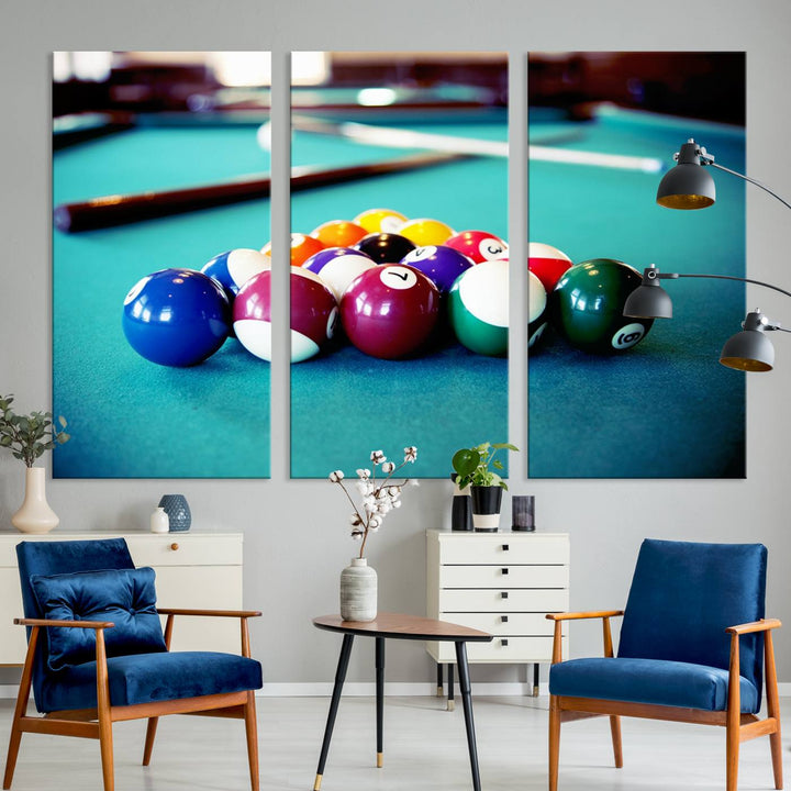 The Billiard Balls Pool Table Wall Art, a handmade piece, features cues on a blue table.