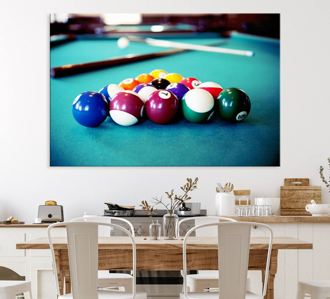 The Billiard Balls Pool Table Wall Art, a handmade piece, features cues on a blue table.