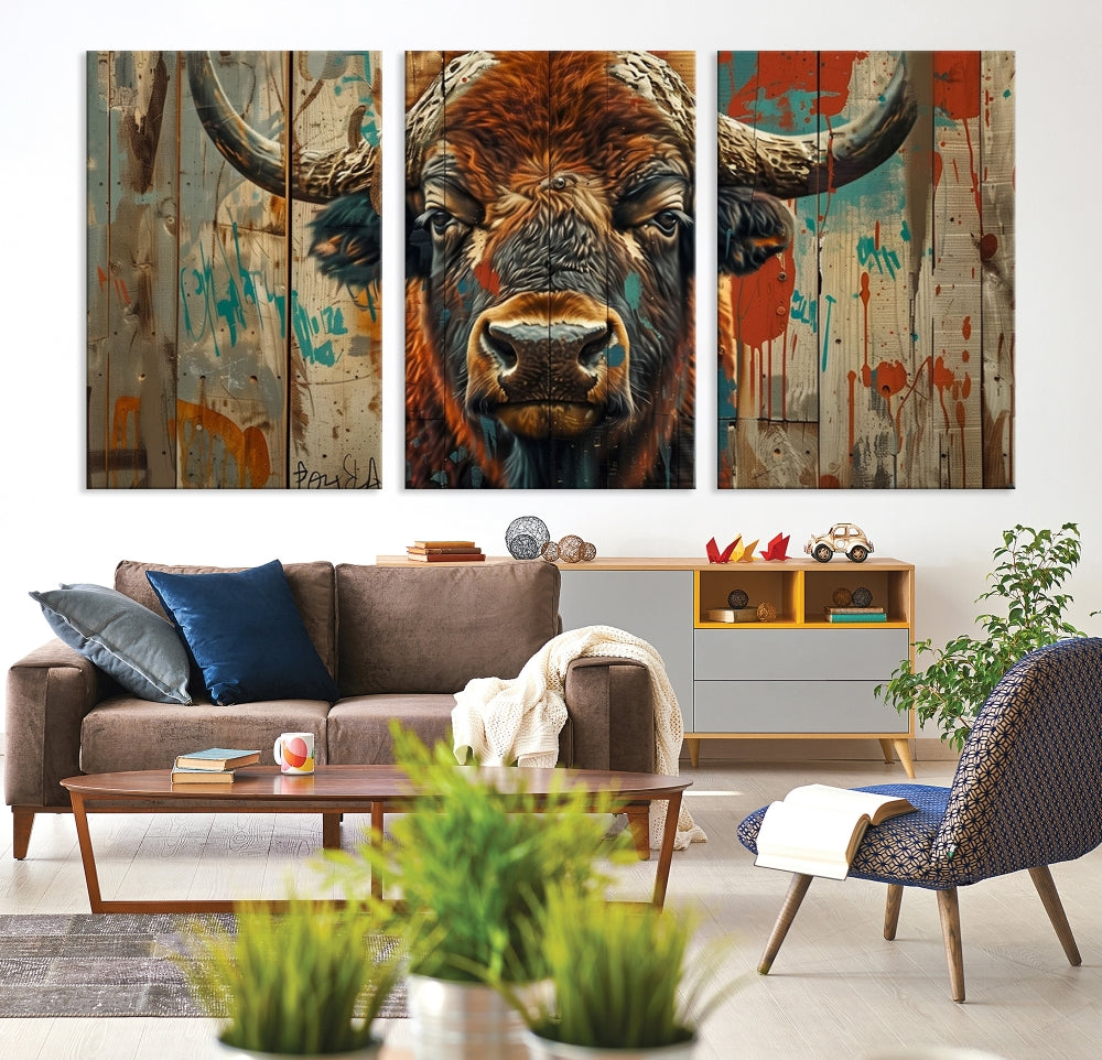 The dining room showcases the Bison Canvas Wall Art American Buffalo Print as a triptych on the wall. This museum-quality canvas includes a UV-protective coating to ensure it remains stunning and ready to hang for years to come.