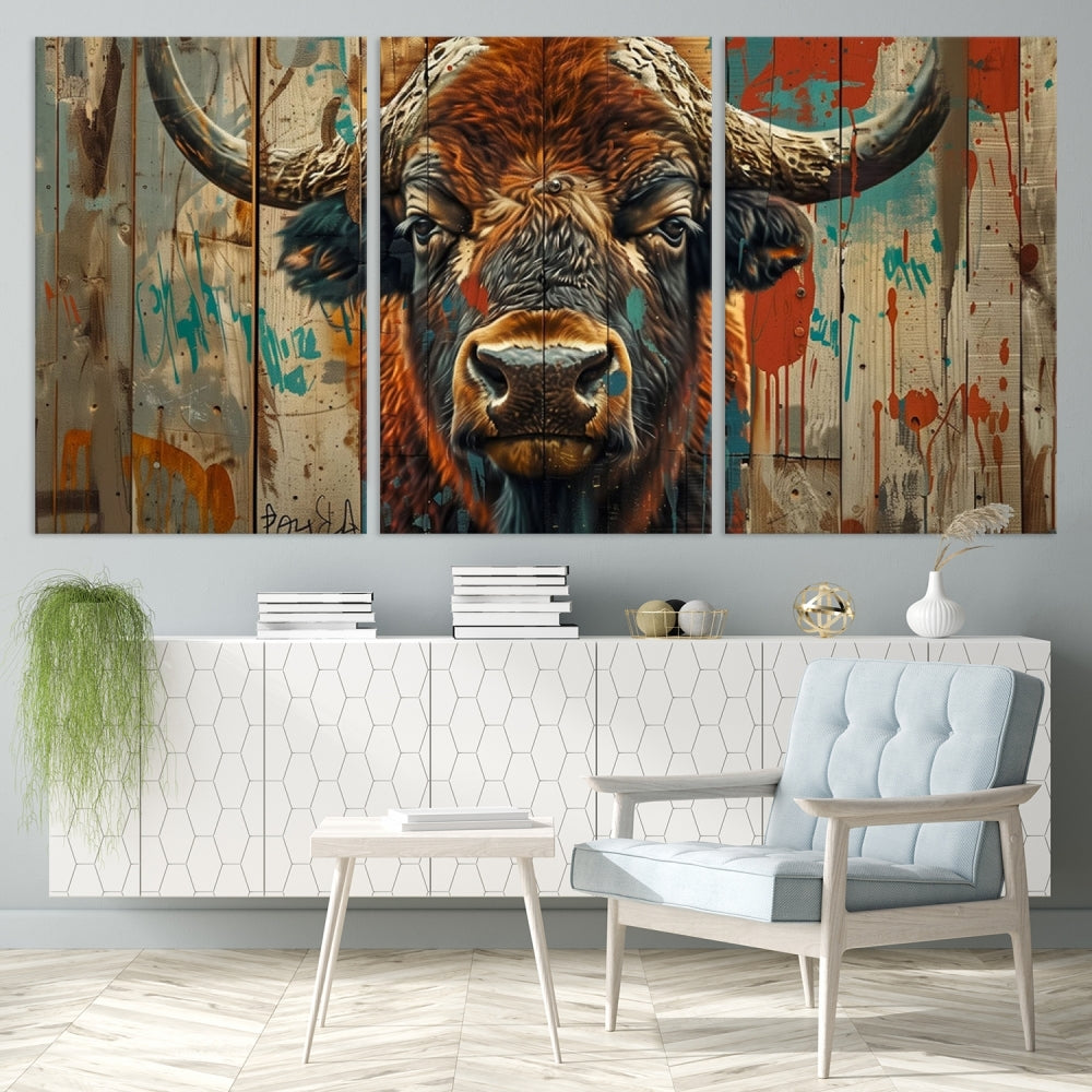 The dining room showcases the Bison Canvas Wall Art American Buffalo Print as a triptych on the wall. This museum-quality canvas includes a UV-protective coating to ensure it remains stunning and ready to hang for years to come.