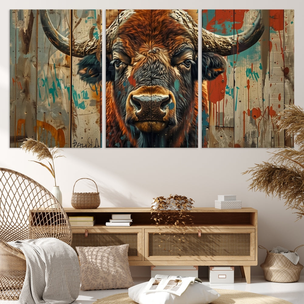 The dining room showcases the Bison Canvas Wall Art American Buffalo Print as a triptych on the wall. This museum-quality canvas includes a UV-protective coating to ensure it remains stunning and ready to hang for years to come.