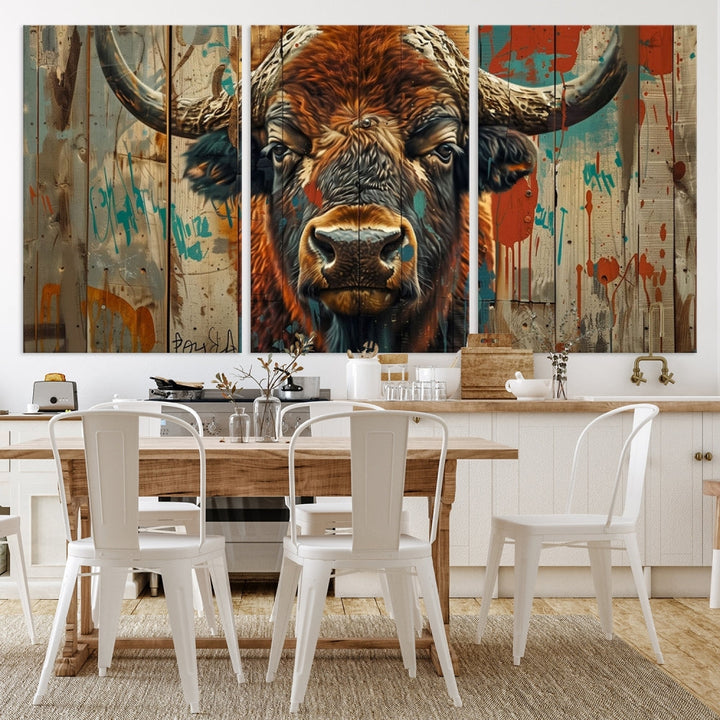 The dining room showcases the Bison Canvas Wall Art American Buffalo Print as a triptych on the wall. This museum-quality canvas includes a UV-protective coating to ensure it remains stunning and ready to hang for years to come.