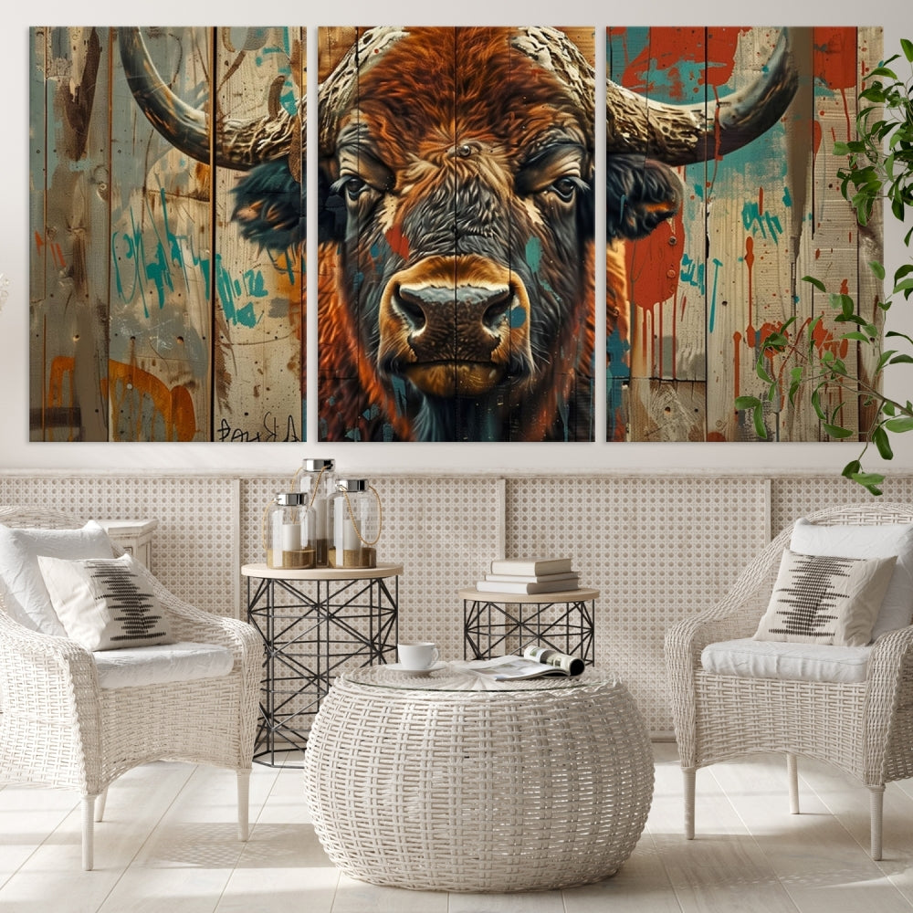 The dining room showcases the Bison Canvas Wall Art American Buffalo Print as a triptych on the wall. This museum-quality canvas includes a UV-protective coating to ensure it remains stunning and ready to hang for years to come.