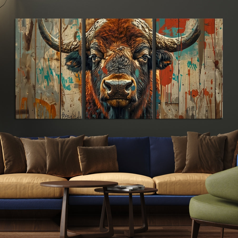 The dining room showcases the Bison Canvas Wall Art American Buffalo Print as a triptych on the wall. This museum-quality canvas includes a UV-protective coating to ensure it remains stunning and ready to hang for years to come.