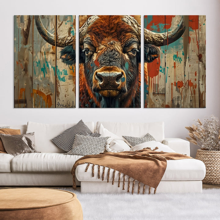 The dining room showcases the Bison Canvas Wall Art American Buffalo Print as a triptych on the wall. This museum-quality canvas includes a UV-protective coating to ensure it remains stunning and ready to hang for years to come.