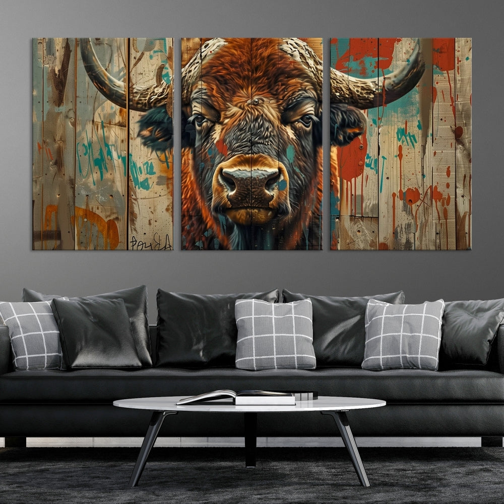 The dining room showcases the Bison Canvas Wall Art American Buffalo Print as a triptych on the wall. This museum-quality canvas includes a UV-protective coating to ensure it remains stunning and ready to hang for years to come.