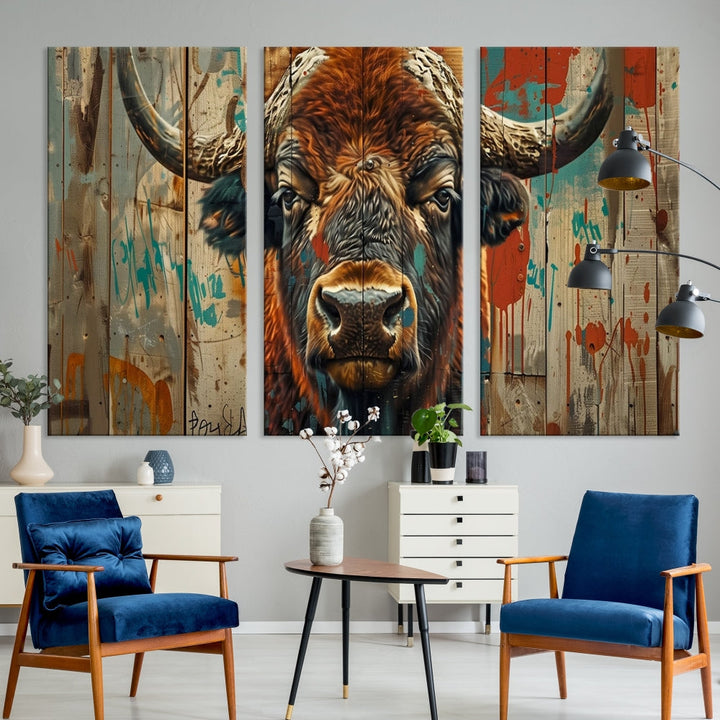 The dining room showcases the Bison Canvas Wall Art American Buffalo Print as a triptych on the wall. This museum-quality canvas includes a UV-protective coating to ensure it remains stunning and ready to hang for years to come.