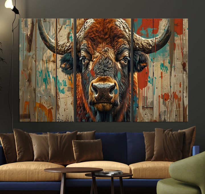 The dining room showcases the Bison Canvas Wall Art American Buffalo Print as a triptych on the wall. This museum-quality canvas includes a UV-protective coating to ensure it remains stunning and ready to hang for years to come.