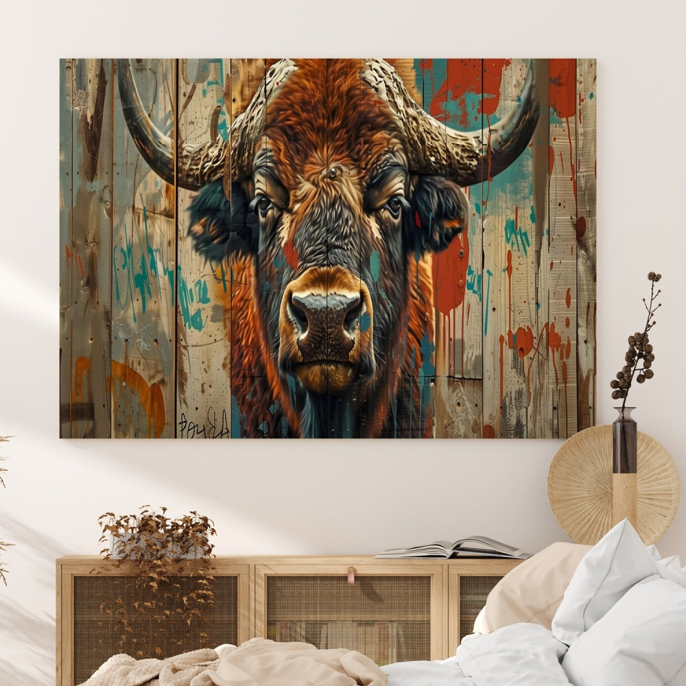 The dining room showcases the Bison Canvas Wall Art American Buffalo Print as a triptych on the wall. This museum-quality canvas includes a UV-protective coating to ensure it remains stunning and ready to hang for years to come.