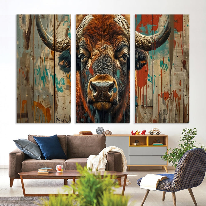 The dining room showcases the Bison Canvas Wall Art American Buffalo Print as a triptych on the wall. This museum-quality canvas includes a UV-protective coating to ensure it remains stunning and ready to hang for years to come.