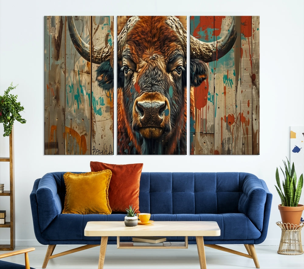 The dining room showcases the Bison Canvas Wall Art American Buffalo Print as a triptych on the wall. This museum-quality canvas includes a UV-protective coating to ensure it remains stunning and ready to hang for years to come.