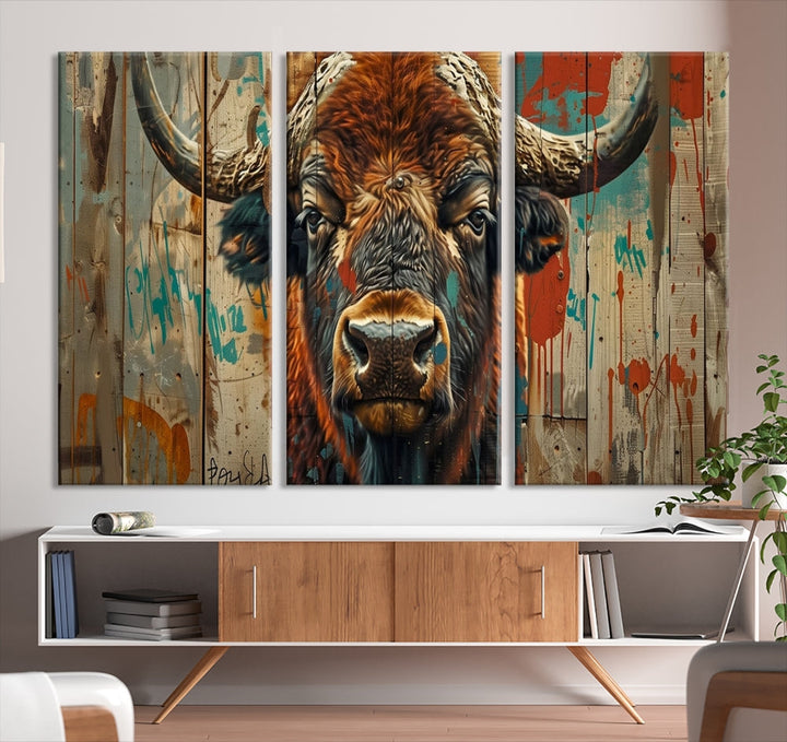 The dining room showcases the Bison Canvas Wall Art American Buffalo Print as a triptych on the wall. This museum-quality canvas includes a UV-protective coating to ensure it remains stunning and ready to hang for years to come.