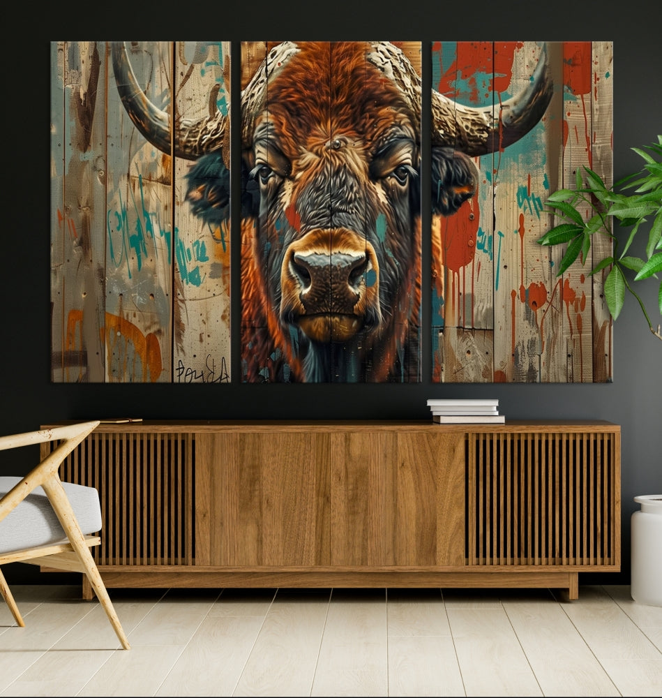 The dining room showcases the Bison Canvas Wall Art American Buffalo Print as a triptych on the wall. This museum-quality canvas includes a UV-protective coating to ensure it remains stunning and ready to hang for years to come.