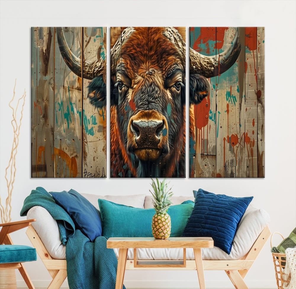 The dining room showcases the Bison Canvas Wall Art American Buffalo Print as a triptych on the wall. This museum-quality canvas includes a UV-protective coating to ensure it remains stunning and ready to hang for years to come.