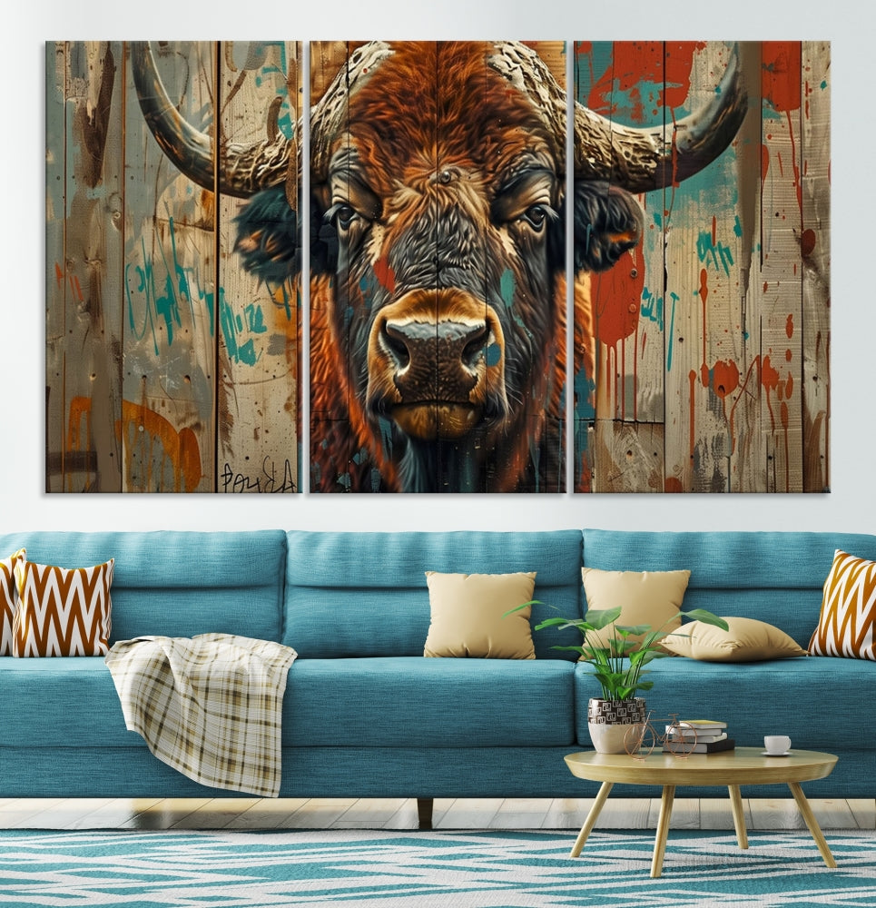 The dining room showcases the Bison Canvas Wall Art American Buffalo Print as a triptych on the wall. This museum-quality canvas includes a UV-protective coating to ensure it remains stunning and ready to hang for years to come.