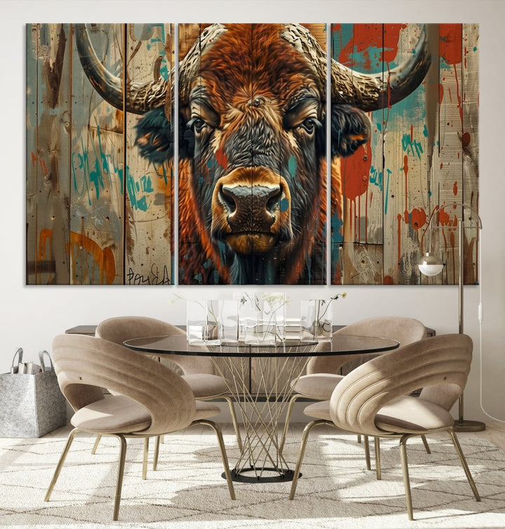 The dining room showcases the Bison Canvas Wall Art American Buffalo Print as a triptych on the wall. This museum-quality canvas includes a UV-protective coating to ensure it remains stunning and ready to hang for years to come.