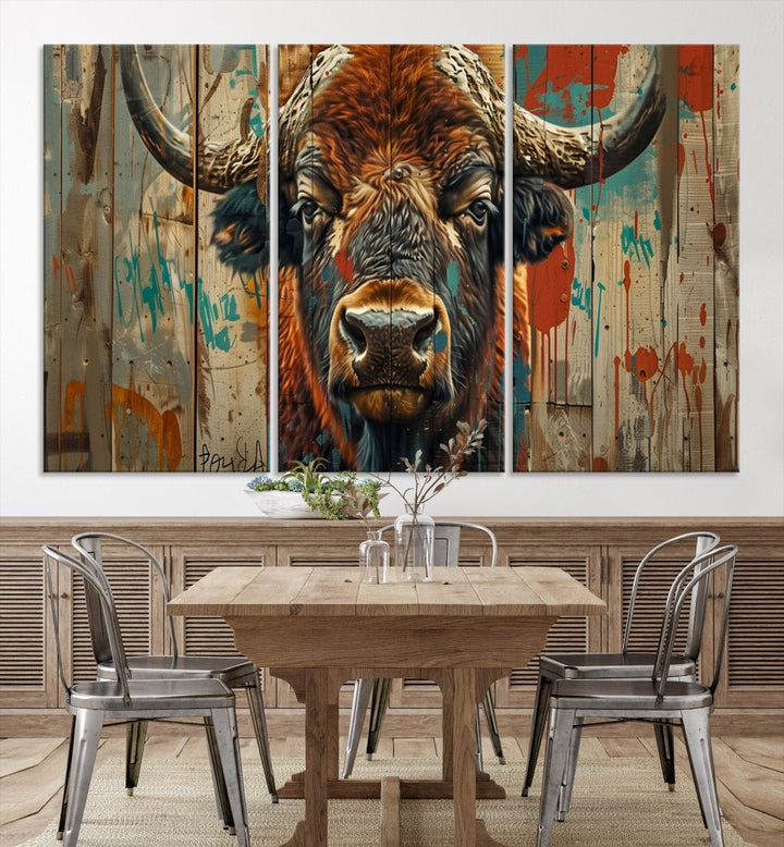 The dining room showcases the Bison Canvas Wall Art American Buffalo Print as a triptych on the wall. This museum-quality canvas includes a UV-protective coating to ensure it remains stunning and ready to hang for years to come.