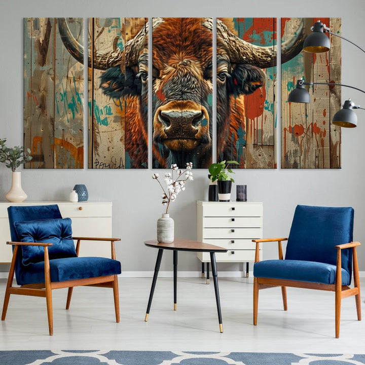 The dining room showcases the Bison Canvas Wall Art American Buffalo Print as a triptych on the wall. This museum-quality canvas includes a UV-protective coating to ensure it remains stunning and ready to hang for years to come.